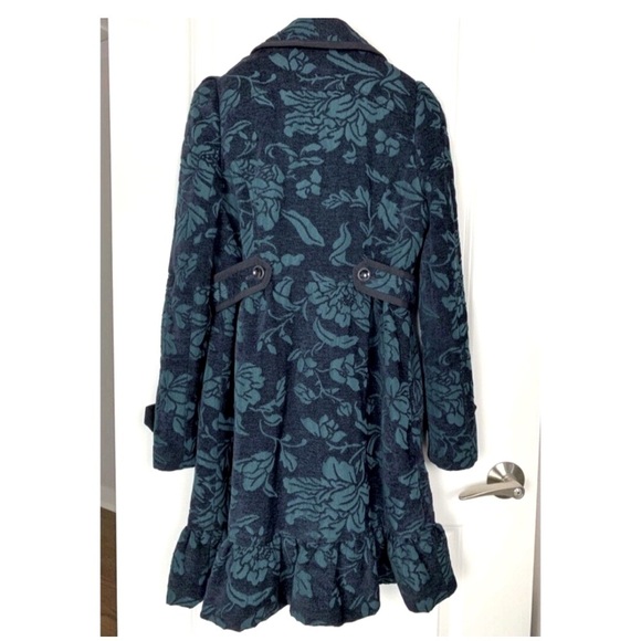 Anthropologie Elevenses Teal Floral Brocade Ruffled Victorian Velvet Peacoat 4 - Picture 2 of 9